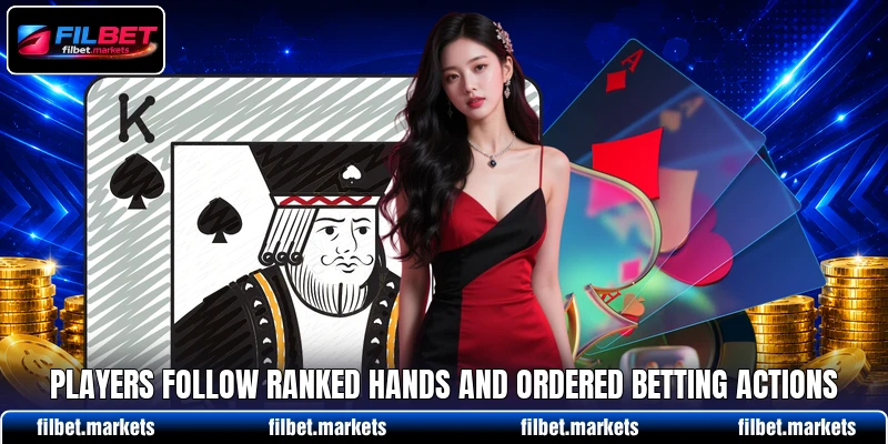 Players follow ranked hands and ordered betting actions Players follow ranked hands and ordered betting actions